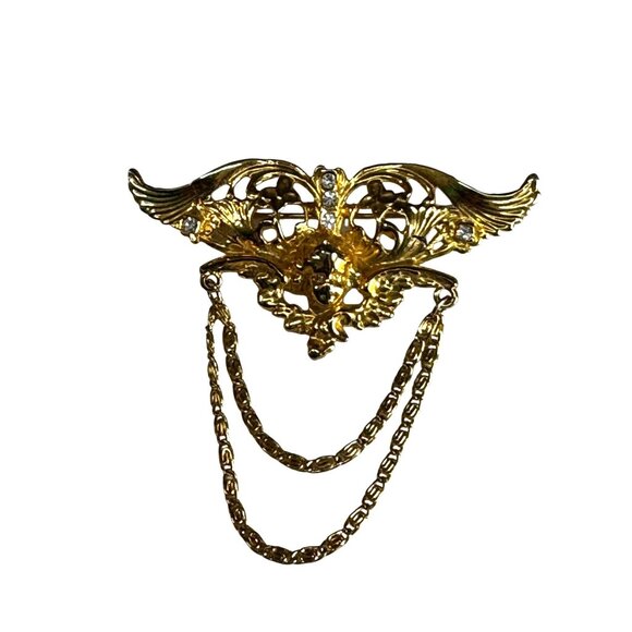 Vintage Angel Cherub Wings Brooch Gold-Tone Double Chains 3" x 3" - Picture 7 of 8